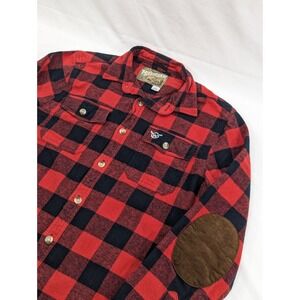 Moosejaw Mens Buffalo Plaid‎ Flannel Shirt Red Black Lumberjack Patches Medium